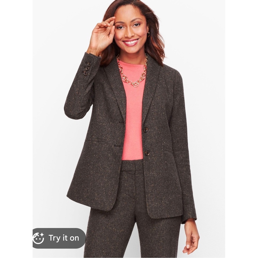 Talbots Womens Black Donegal Tweed Wool Blend Blazer Jacket Size 14 Notch Lapel